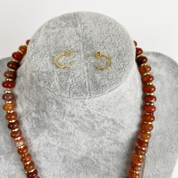 4 Piece Gold Plated Mini Hoop Earrings Necklace Chain Diamond Beaded Layered Set - Picture 2 of 5